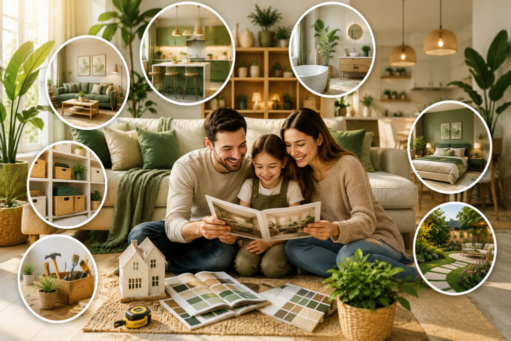 Happy family planning a home improvement project with modern interior design inspiration, kitchen, bathroom, bedroom, outdoor living, DIY renovation ideas, and home décor concepts by DesignMode24.