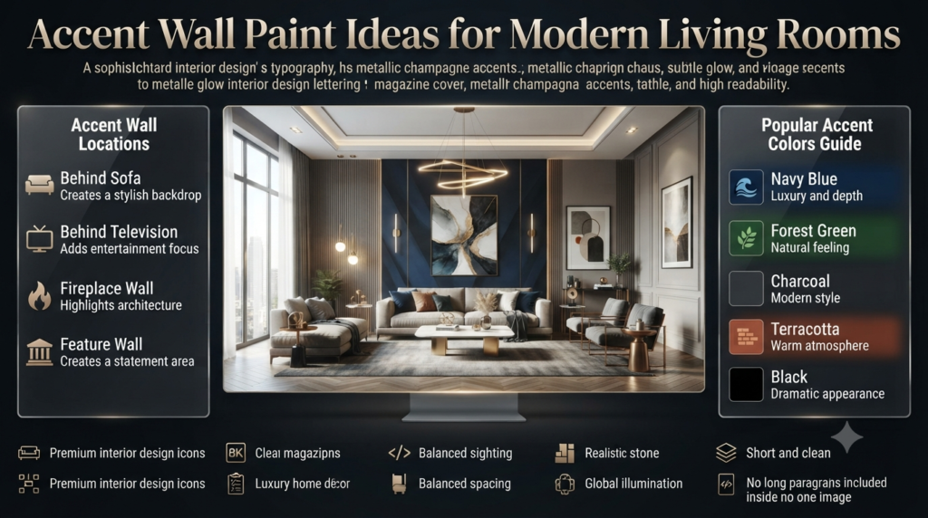 Modern living room with stylish accent wall paint ideas featuring navy blue, forest green, charcoal, terracotta, and black feature walls.