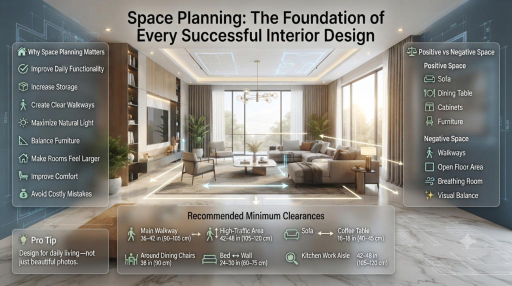 Space planning infographic showing furniture layout, circulation paths, positive and negative space, room clearances, and functional interior design principles.