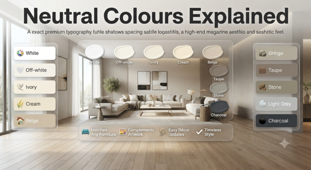 Modern neutral colour palette featuring white, beige, greige, taupe, grey, and charcoal paint swatches with stylish interior design inspiration.