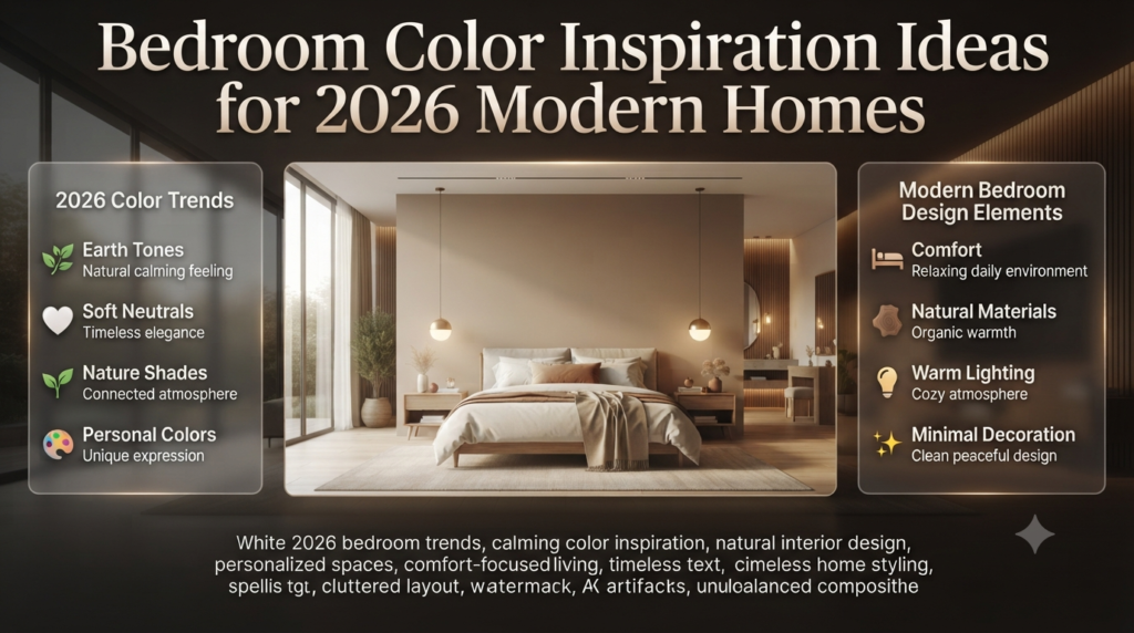 Modern 2026 bedroom color inspiration featuring earth tones, soft neutrals, natural materials, warm lighting, and calming interior design trends.
