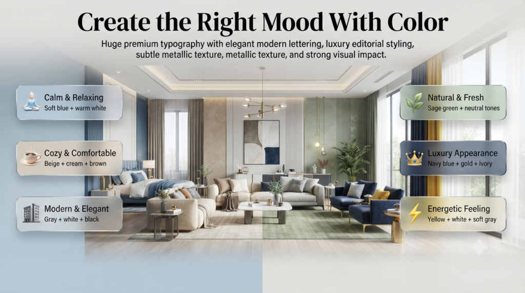 Interior design guide showing mood-based paint color combinations with calming, cozy, modern, natural, and luxury home color palettes.