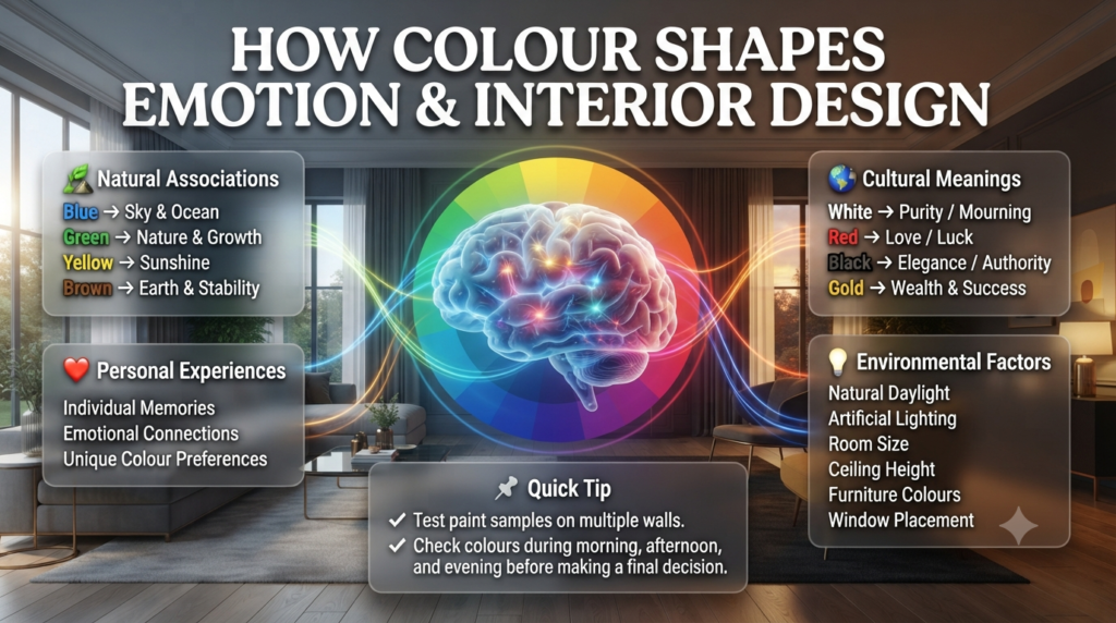 Professional infographic explaining how color psychology works through natural associations, personal experiences, cultural meanings, and environmental factors in interior design.
