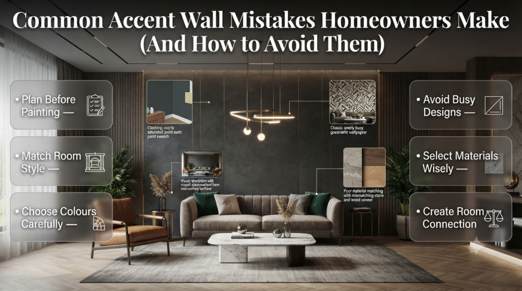 Common accent wall mistakes homeowners make including poor colour choices, design imbalance, and tips to create a better interior.
