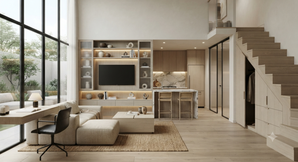 Modern small home featuring multifunctional furniture, built-in storage, floating shelves, and a smart space-saving interior design.