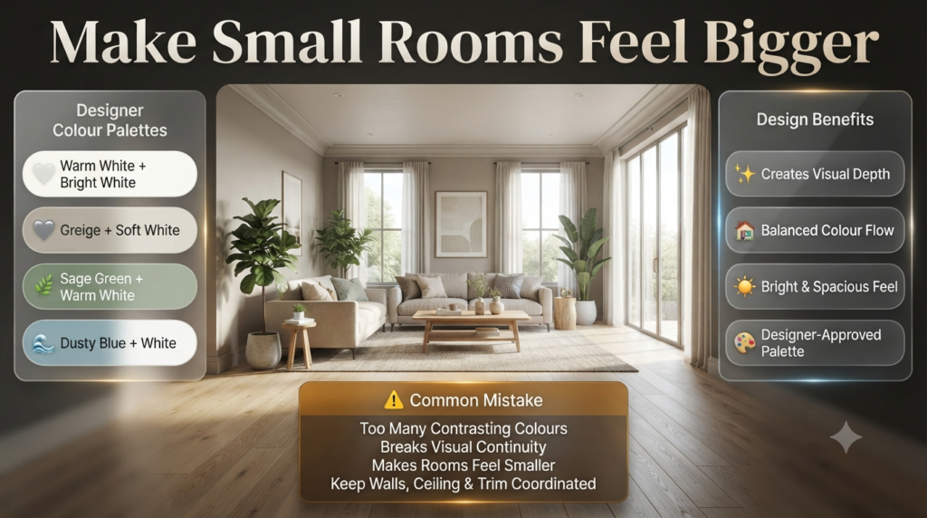 Infographic showing coordinated paint colour combinations for small rooms, featuring walls, ceilings, trim, and design styles that create a brighter, more spacious interior.