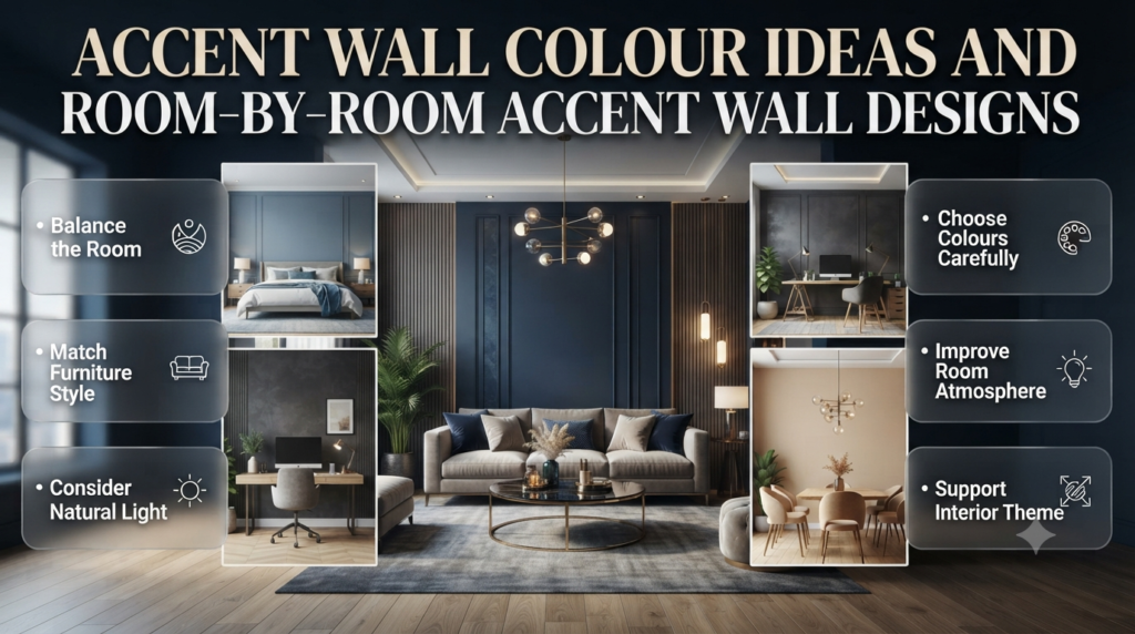 Accent wall colour ideas and room-by-room designs showing balanced interior styles, modern colours, and creative home décor inspiration.