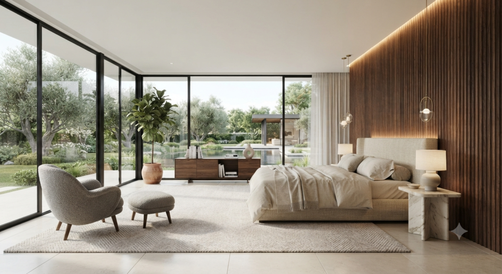 Cozy modern bedroom featuring soft bedding, warm lighting, neutral colors, comfortable furniture, and elegant contemporary décor.