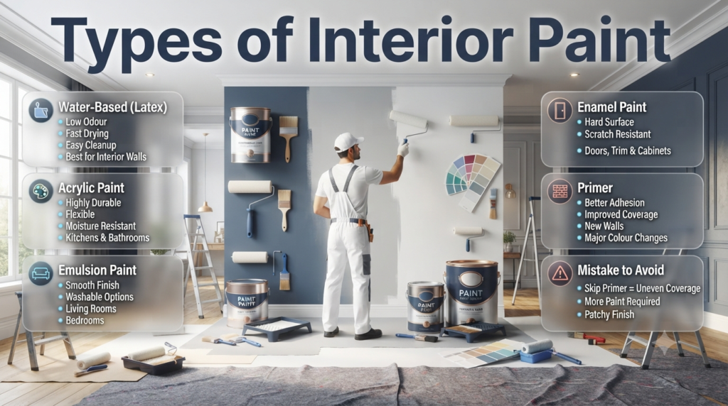 Infographic comparing interior paint types including water-based, acrylic, emulsion, enamel, and primer with their advantages and ideal applications.