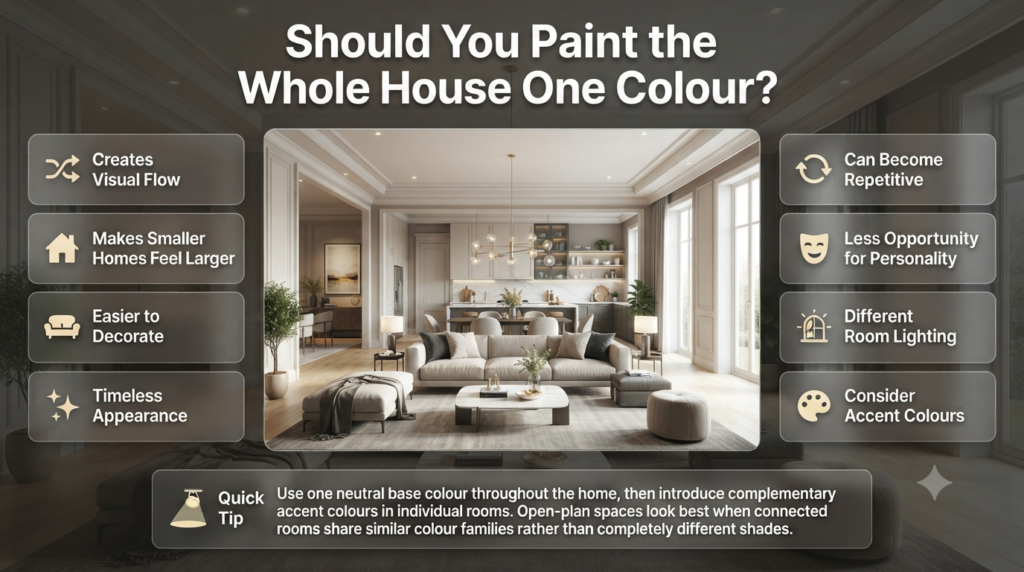 Infographic comparing the pros and cons of painting the whole house one colour, featuring an open-plan home with neutral walls and accent-coloured rooms.