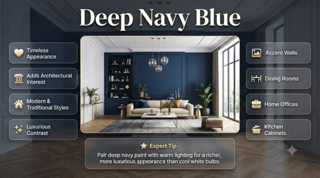 Elegant modern living room featuring deep navy blue accent wall, white trim, warm lighting, luxury furniture, and sophisticated contemporary décor.