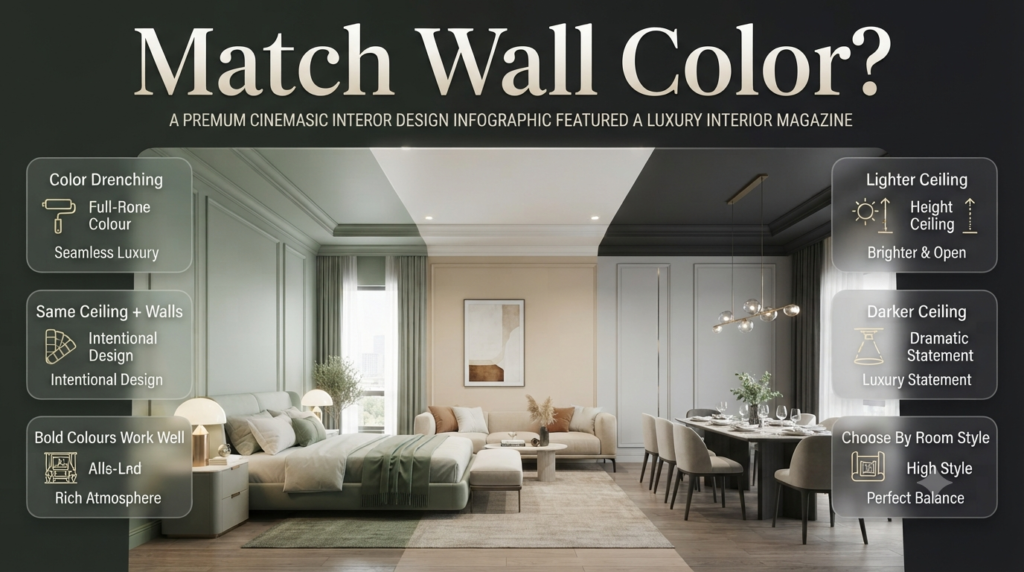 Ceiling and wall color matching ideas showing color drenching, light ceilings, and dark ceiling designs for modern interiors