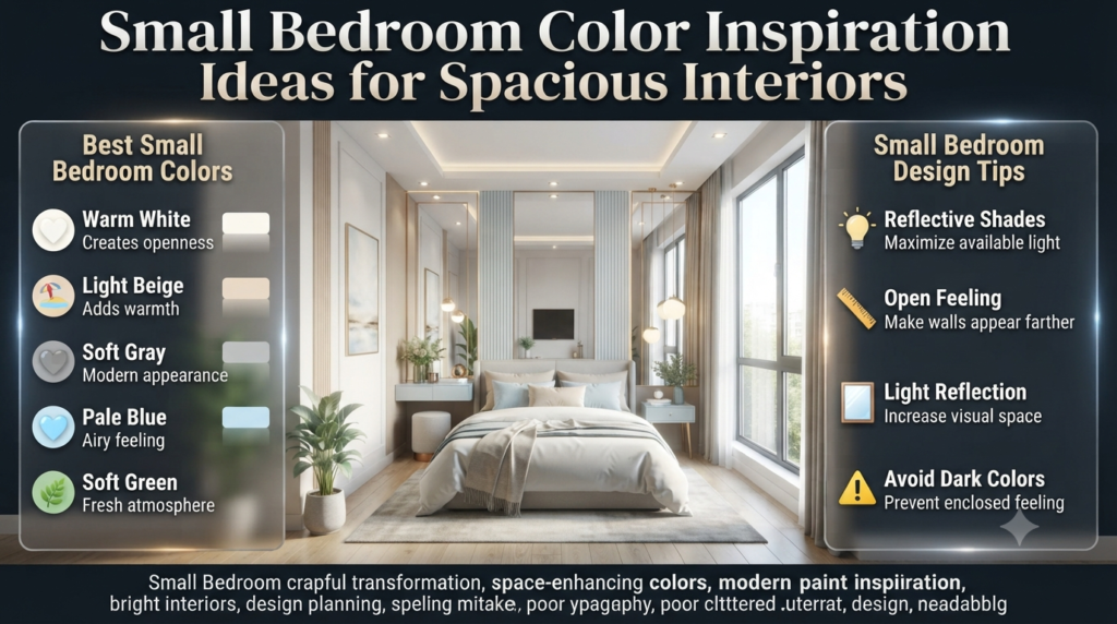Small bedroom color inspiration featuring warm white, beige, soft gray, pale blue, and green shades to create a brighter spacious room.
