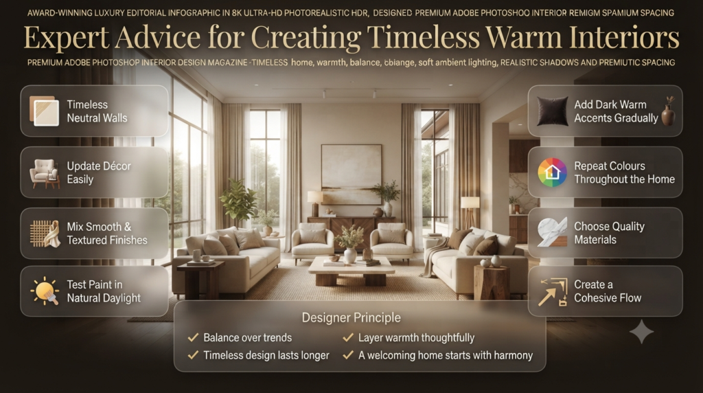 Infographic featuring expert advice for creating timeless warm interiors with neutral walls, layered textures, natural light, quality materials, and cohesive colour palettes.