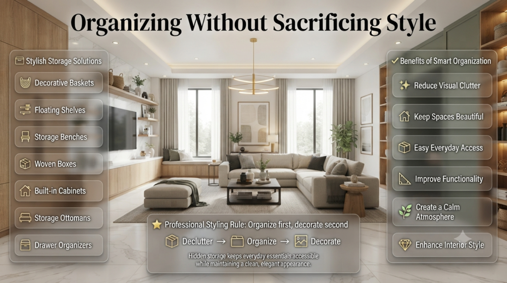 Home organization infographic featuring decorative baskets, floating shelves, storage benches, hidden storage, built-in cabinets, and stylish clutter-free interiors.