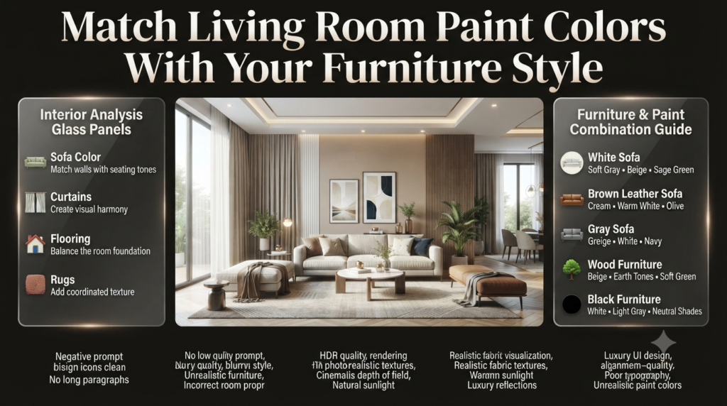 Modern living room showing perfect paint color combinations with sofas, flooring, curtains, wood finishes, and balanced interior décor ideas.