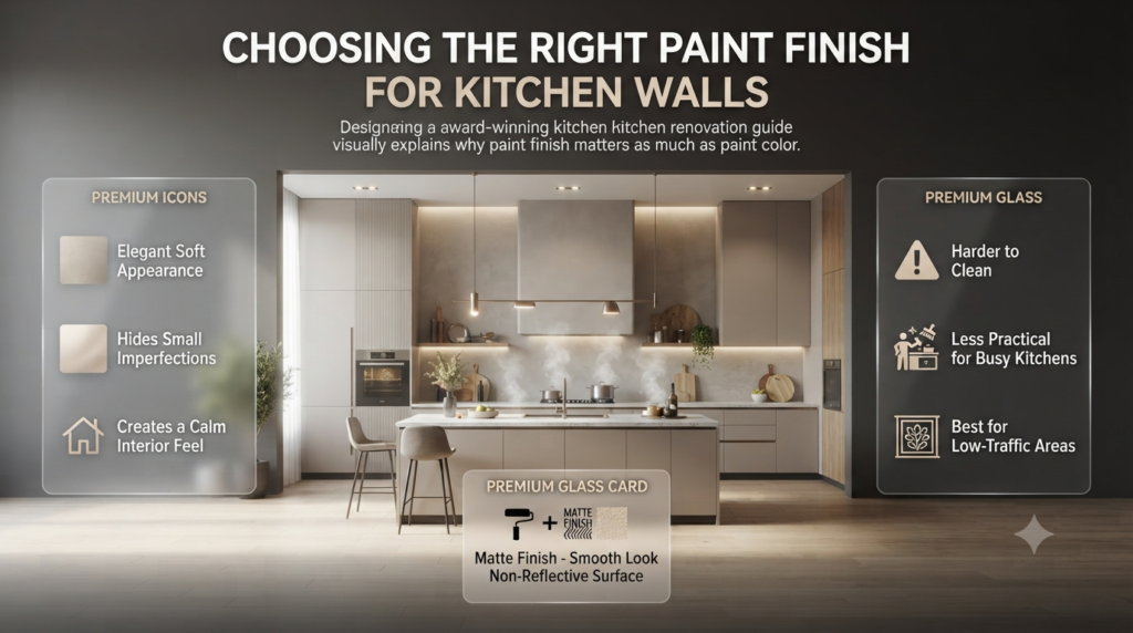 Kitchen wall paint finishes guide showing matte paint texture, durability, cleaning factors, and modern interior design ideas