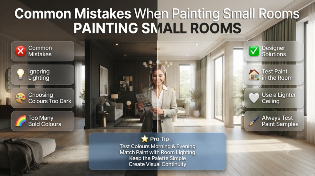 Infographic highlighting the most common painting mistakes in small rooms, including poor lighting, dark colours, bold palettes, ceiling colour, and paint sample testing.