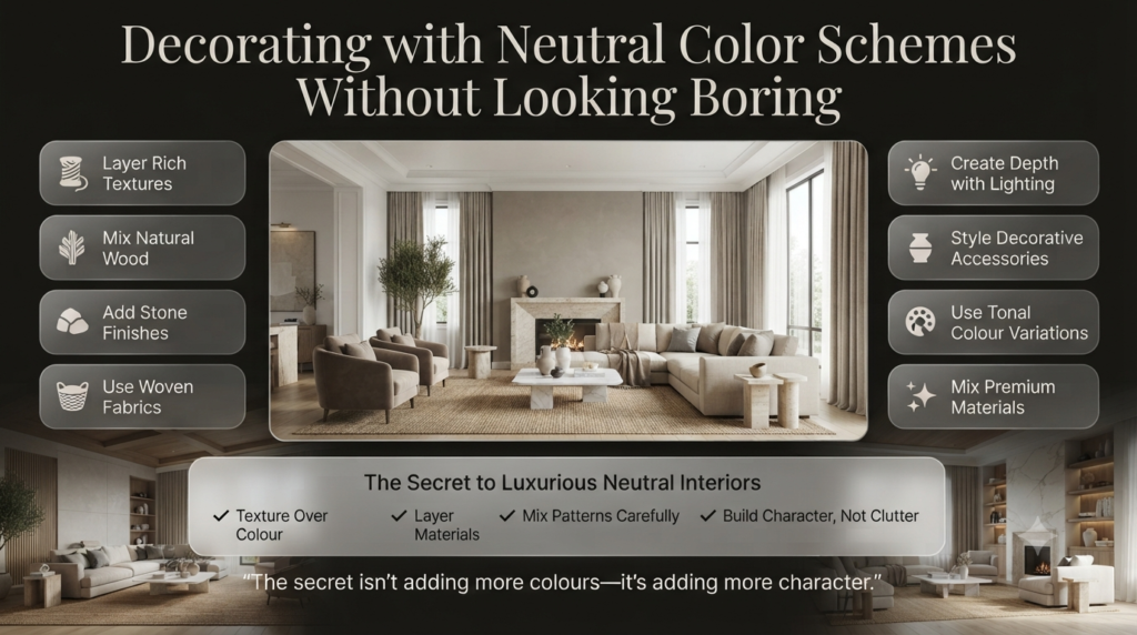 Luxury neutral interior infographic showing layered textures, wood, stone, fabrics, metals, lighting, and décor that add depth and character without bold colours.