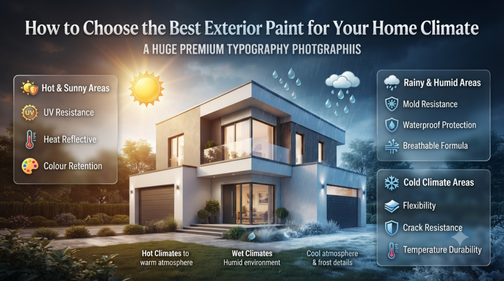 Exterior paint selection guide showing climate-based paint choices, UV resistance, moisture protection, and durability factors