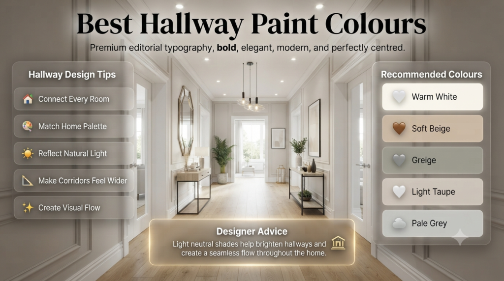 Modern hallway featuring warm white, soft beige, greige, light taupe, and pale grey paint colours designed to reflect light and create a spacious feel.