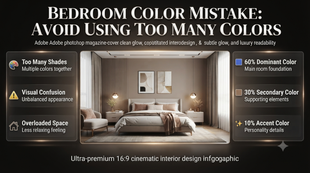 Bedroom color design mistake showing the 60-30-10 color rule with dominant, secondary, and accent shades for balanced interiors.