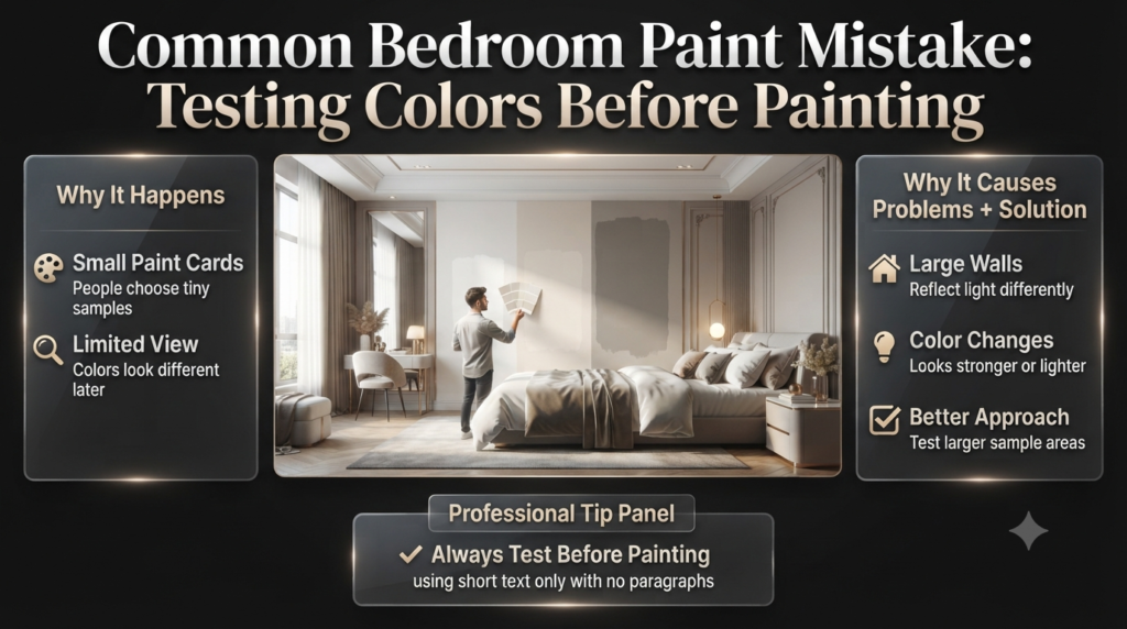 Bedroom paint mistake infographic showing why small color samples differ from large walls and why testing is important before painting.