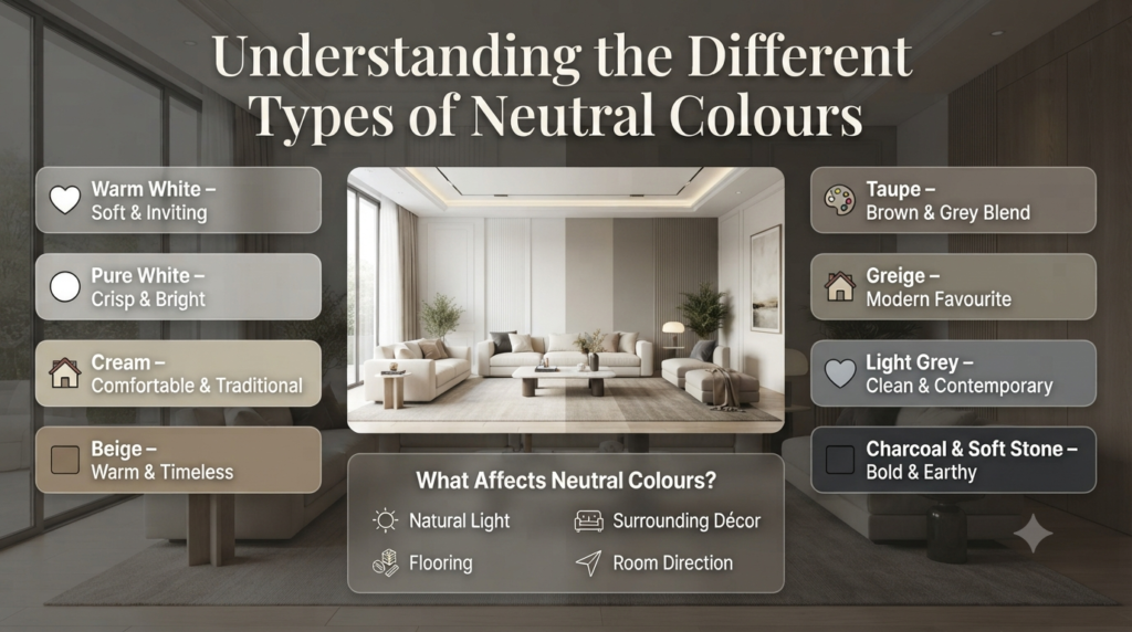 Infographic showing warm white, pure white, cream, beige, taupe, greige, grey, charcoal, and soft stone neutral colours with their best interior design applications.