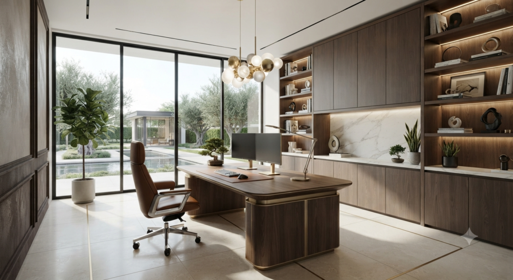 Modern functional home office featuring an ergonomic desk, comfortable chair, smart storage, natural lighting, and a clean contemporary workspace.