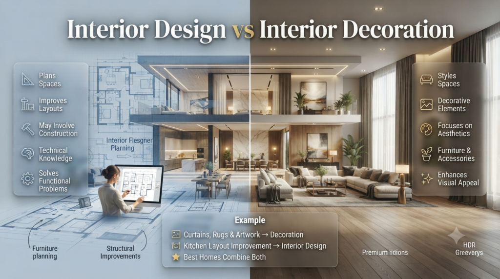 Comparison infographic showing interior design vs interior decoration, highlighting space planning, functionality, aesthetics, layouts, furniture styling, and home improvement.