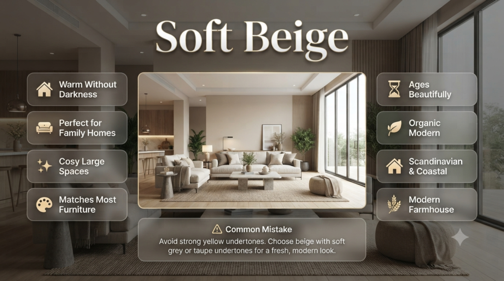 Elegant living room with soft beige painted walls, natural wood furniture, taupe décor, warm lighting, and a modern organic interior design.