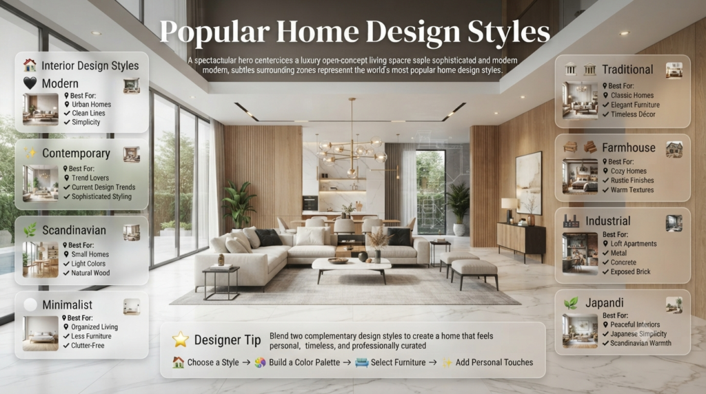Home design styles infographic comparing Modern, Contemporary, Scandinavian, Minimalist, Traditional, Farmhouse, Industrial, and Japandi interiors.