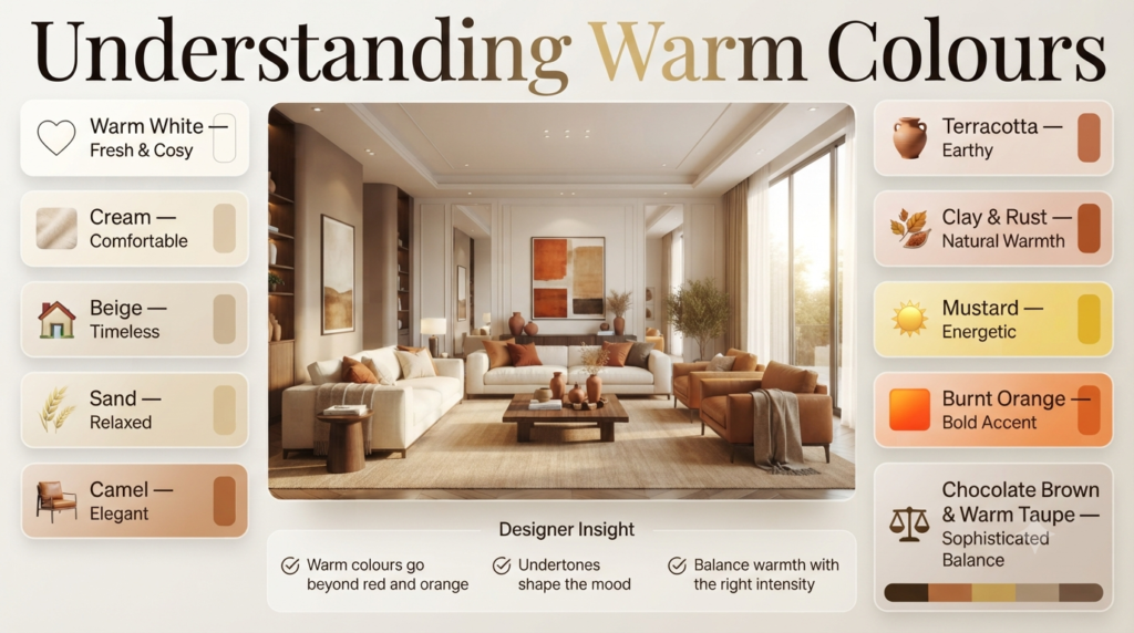 Infographic explaining warm colours in interior design, featuring warm white, cream, beige, terracotta, rust, camel, taupe, and chocolate brown with modern home styling examples.