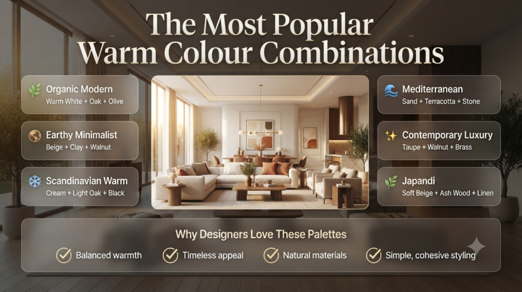 Infographic showcasing popular warm colour combinations including Organic Modern, Japandi, Scandinavian Warm, Mediterranean, Contemporary Luxury, and Earthy Minimalist palettes.