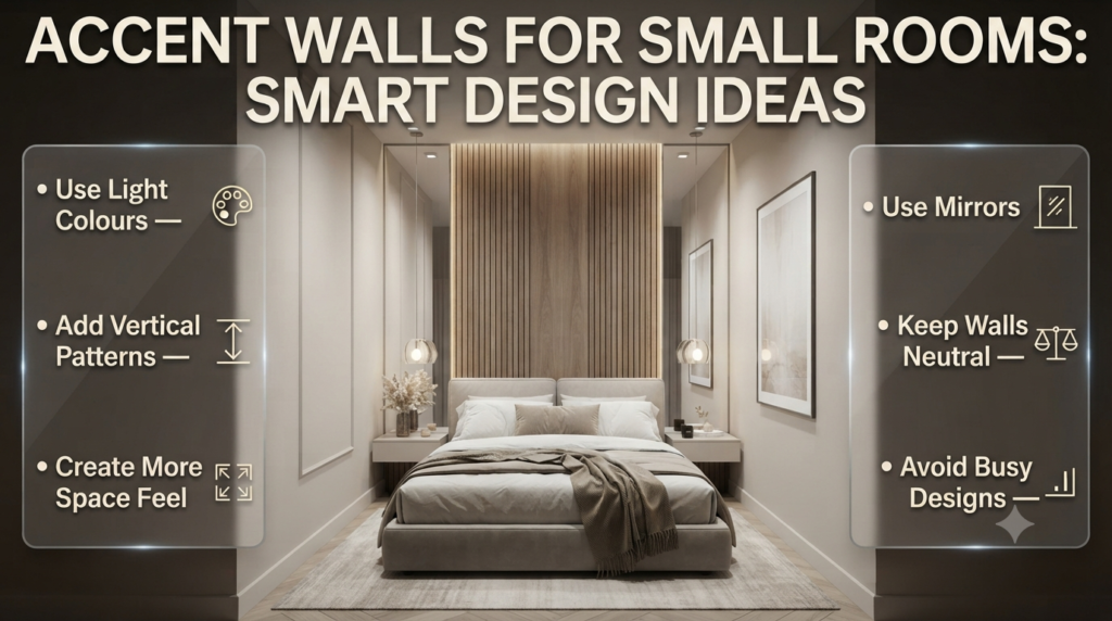 Small room accent wall ideas featuring light colours, vertical panels, mirrors, and balanced designs to create a spacious interior feel.