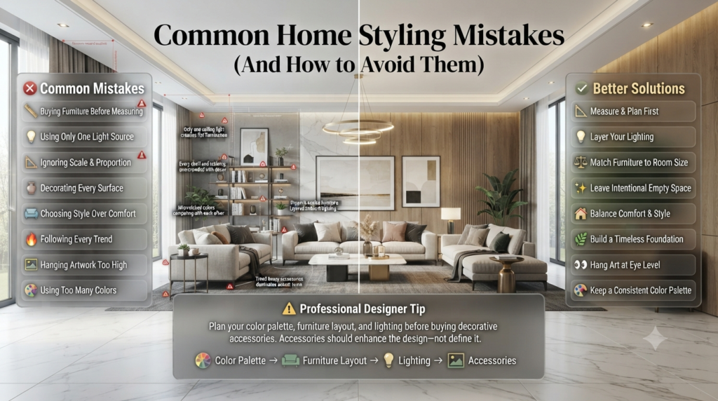 Home styling mistakes infographic showing furniture sizing, layered lighting, color palettes, artwork placement, clutter reduction, and professional decorating solutions.