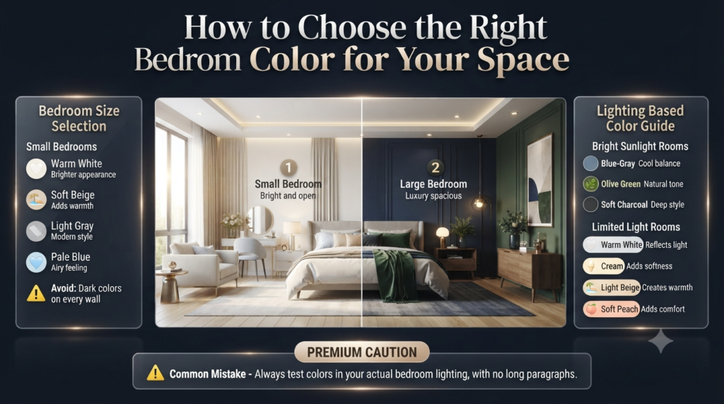 Bedroom color selection guide showing room size, natural lighting, and modern paint choices for creating a balanced and stylish bedroom design.