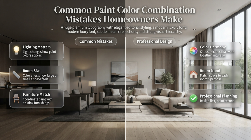 Interior design infographic showing common paint color mistakes involving poor lighting, color imbalance, room size, and furniture coordination.