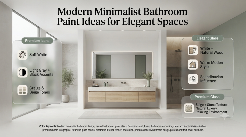 Modern minimalist bathroom paint ideas featuring soft white, gray, beige, muted green, and luxury clean interior designs