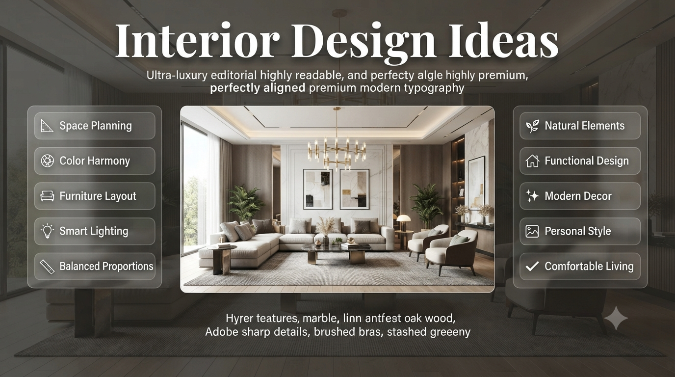 Modern interior design guide infographic featuring a stylish living room, smart space planning, lighting, furniture layout, color palette, and home decorating principles. Interior Design Ideas: Complete Guide to Beautiful & Functional Spaces