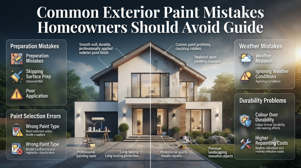 Exterior paint mistakes guide showing poor preparation, wrong paint choices, weather issues, and durability problems infographic