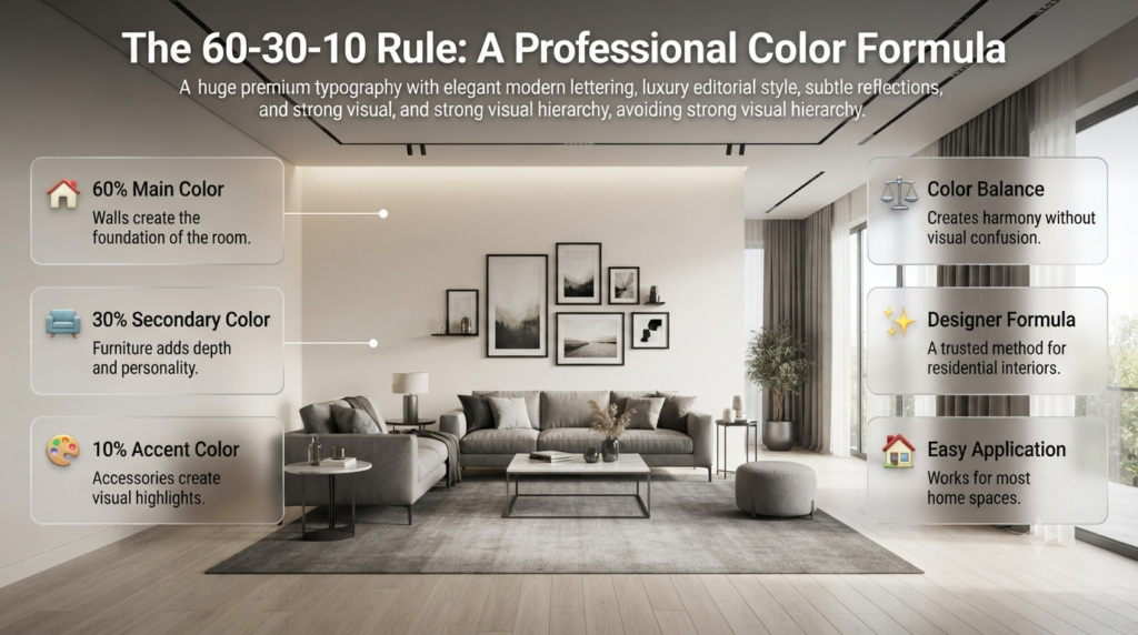 Interior design infographic explaining the 60-30-10 color rule with warm white walls, gray furniture, and black accent decor.