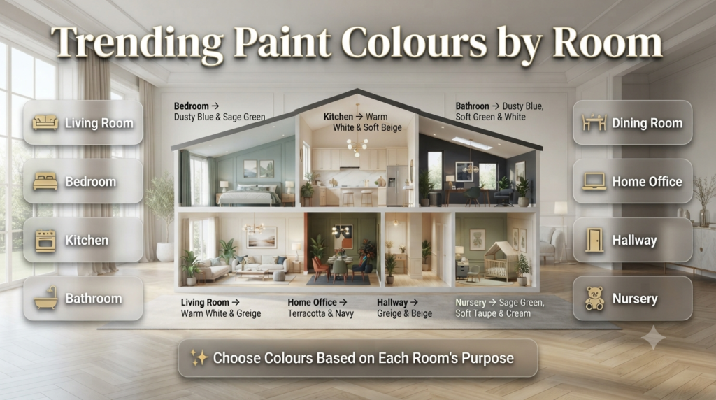Modern home infographic showing the best trending paint colours for living rooms, bedrooms, kitchens, bathrooms, dining rooms, hallways, and home offices.
