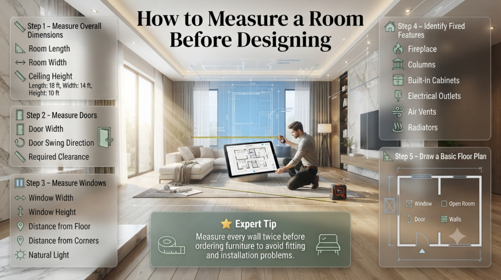 Room measuring infographic showing dimensions, doors, windows, fixed features, floor plan sketch, and accurate interior design planning techniques.
