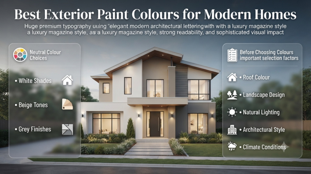 Modern home exterior paint colour guide showing neutral shades, architectural styles, climate factors, and colour selection tips