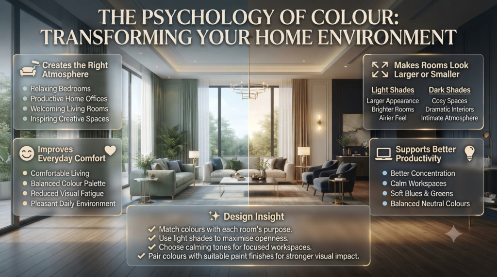 Professional infographic showing the benefits of understanding color psychology for creating comfortable, productive, spacious, and visually balanced interior spaces.
