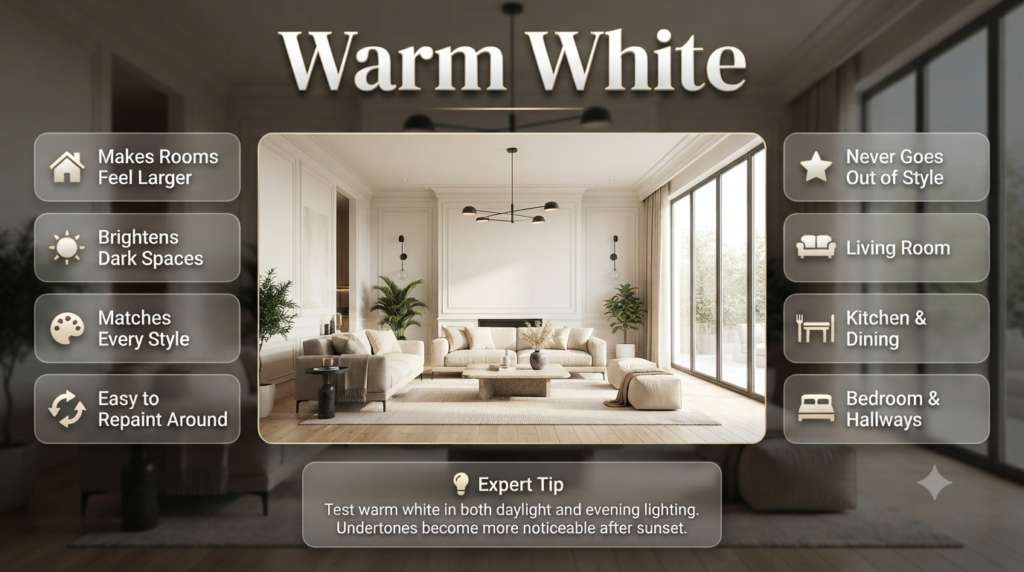 Modern living room featuring warm white painted walls with wooden flooring, natural light, black accents, and elegant contemporary décor.