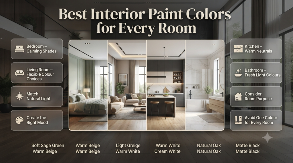 Infographic featuring the best interior paint colors for bedrooms, living rooms, kitchens, and bathrooms with room-specific colour recommendations.