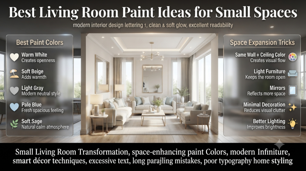 Small living room design with light paint colors, warm white walls, beige tones, mirrors, and modern ideas to create a spacious appearance.