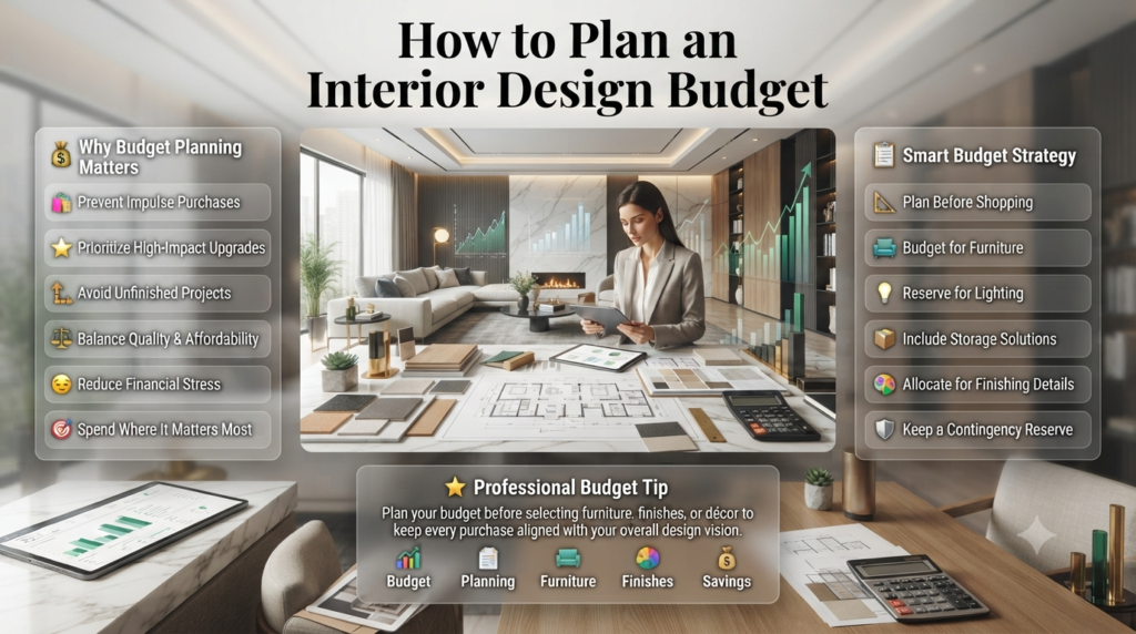 Interior design budget planning infographic showing cost allocation, furniture budgeting, renovation expenses, savings strategy, and smart home improvement planning.